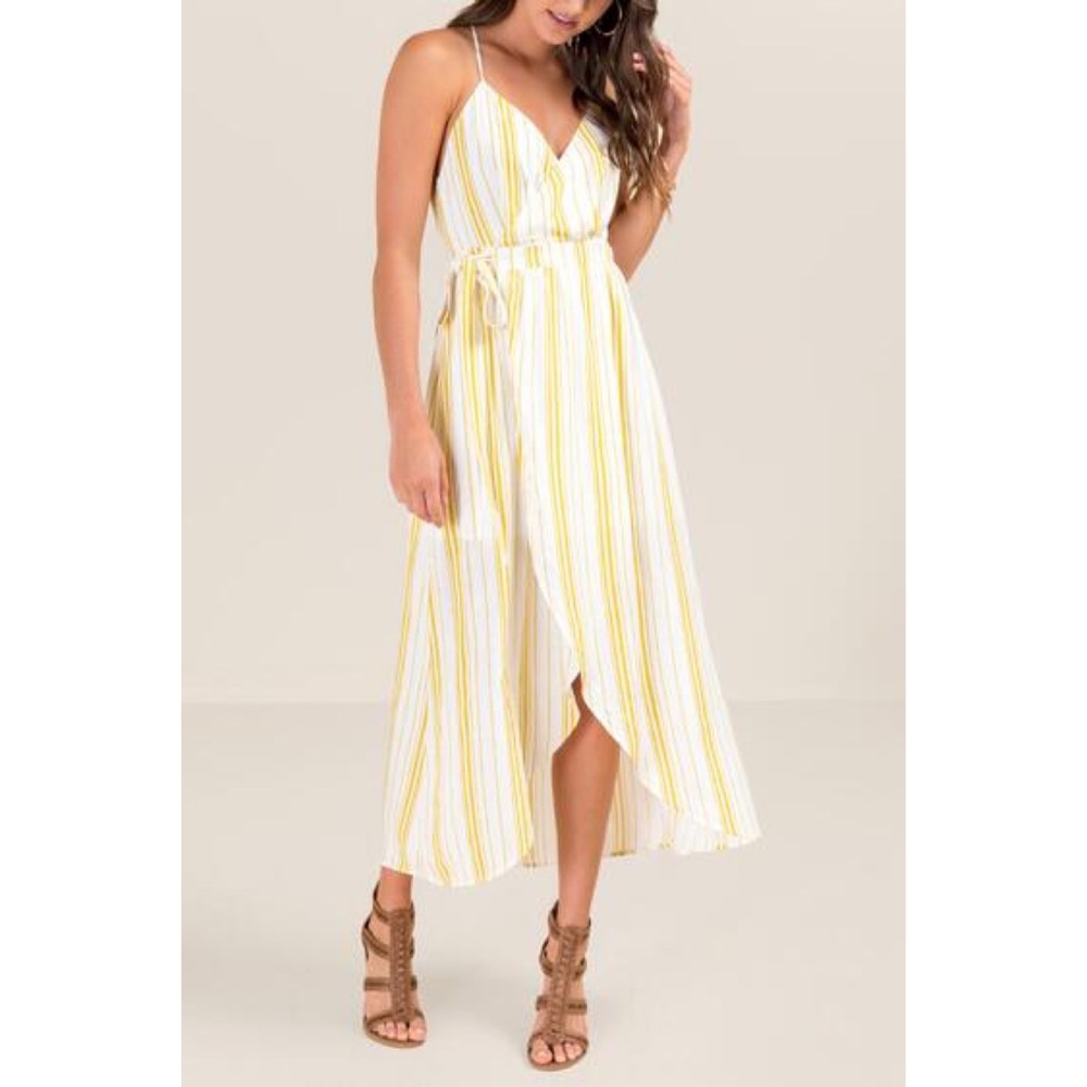 Yellow and White Striped Wrap Dress